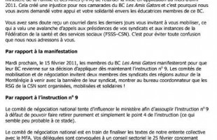 Bulletin du 13 février 2011 : l’instruction no 9 et la manifestation en Montérégie
