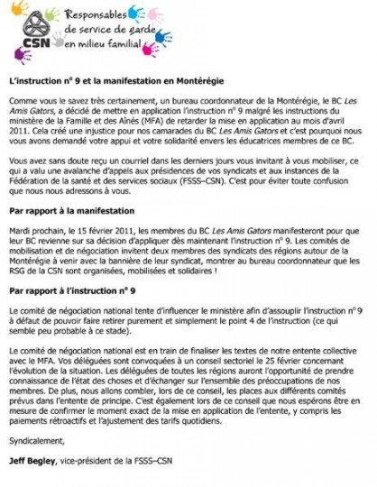 Bulletin du 13 février 2011 : l’instruction no 9 et la manifestation en Montérégie