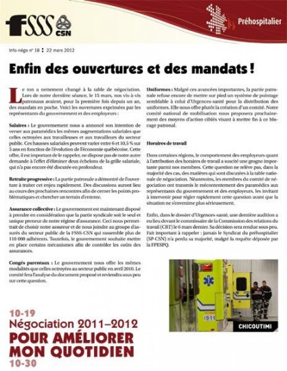 Bulletin Info-Négo no 18 des préhospitaliers