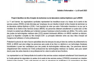 Projet d’abolition du titre d’emploi de technicien·ne de laboratoire médical diplômé·e par le MSSS