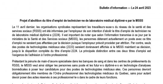 Projet d’abolition du titre d’emploi de technicien·ne de laboratoire médical diplômé·e par le MSSS