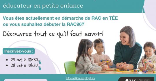 RAC96 : 2 rencontres d’information destinées au personnel éducateur expérimenté et non qualifié du secteur de la petite enfance