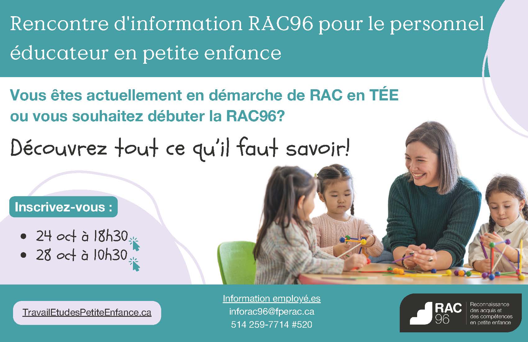 RAC96 : 2 rencontres d’information destinées au personnel éducateur expérimenté et non qualifié du secteur de la petite enfance