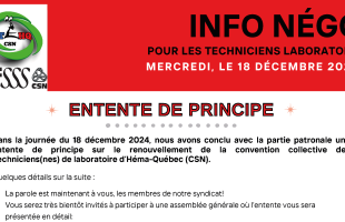 Entente de principe pour le Syndicat des techniciens(nes) de laboratoire d’Héma-Québec (CSN) 