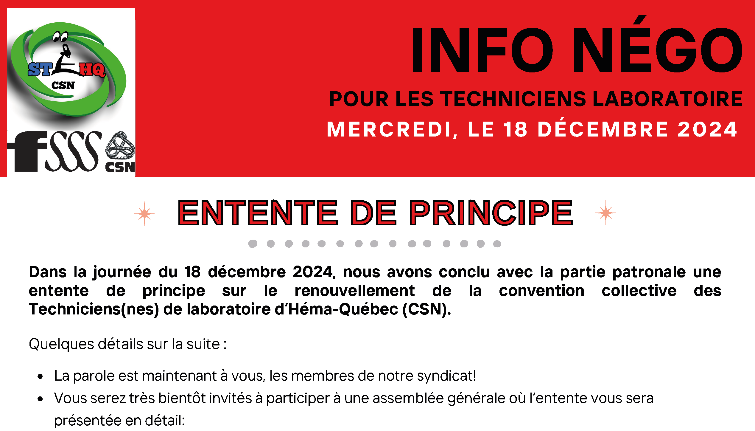 Entente de principe pour le Syndicat des techniciens(nes) de laboratoire d’Héma-Québec (CSN) 